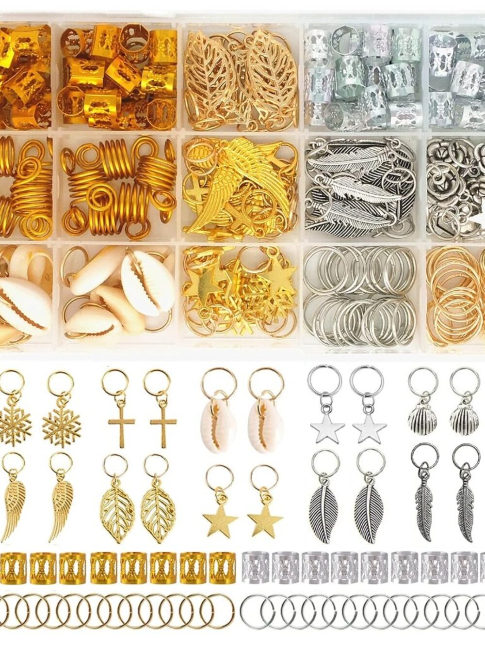 220-Piece Braiding Hair Rings - 15 Styles, Jewelry for Braids, Clips, Pendants,